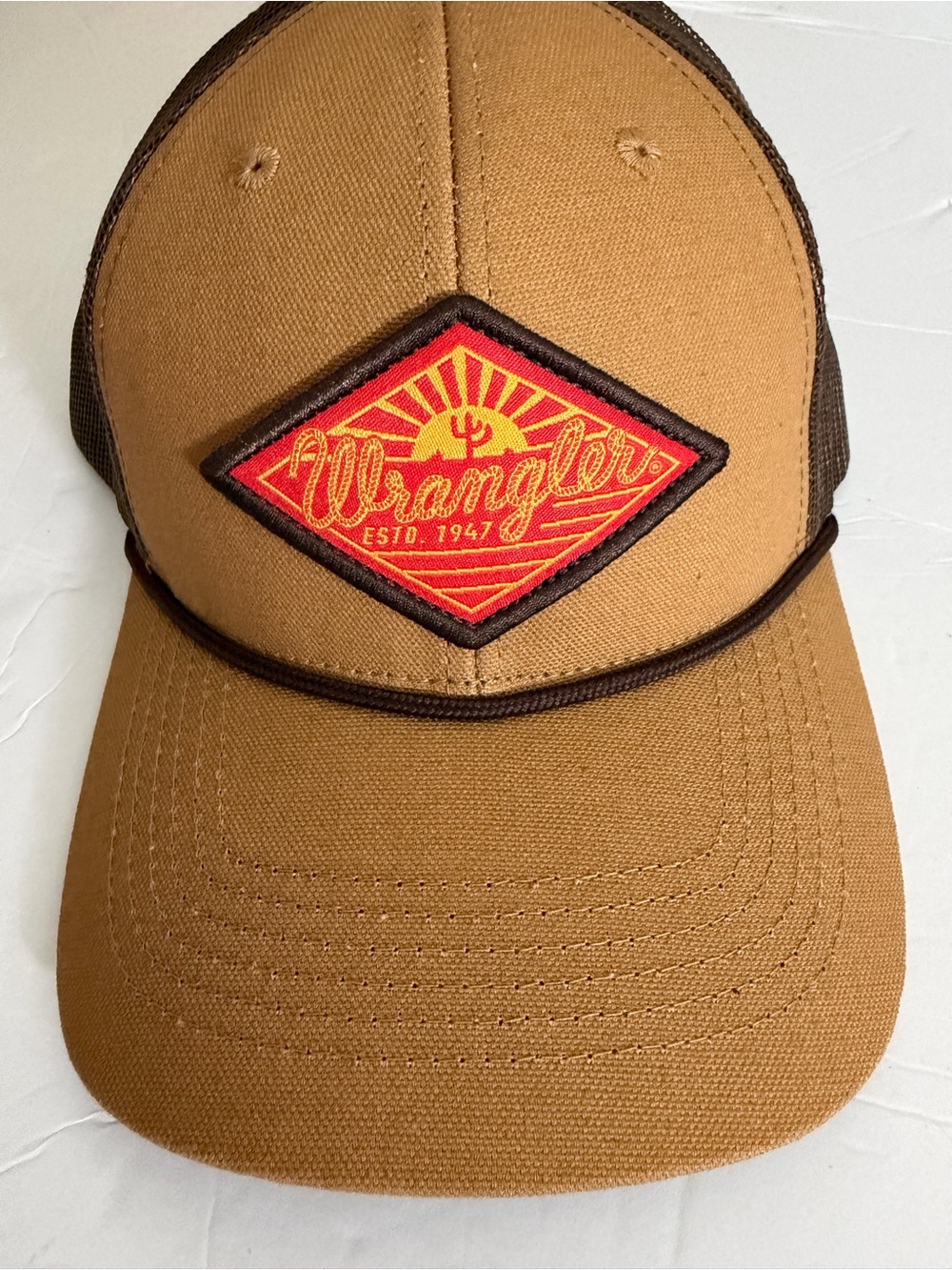 Wrangler Tan & Red Diamond Patch Trucker Hat
